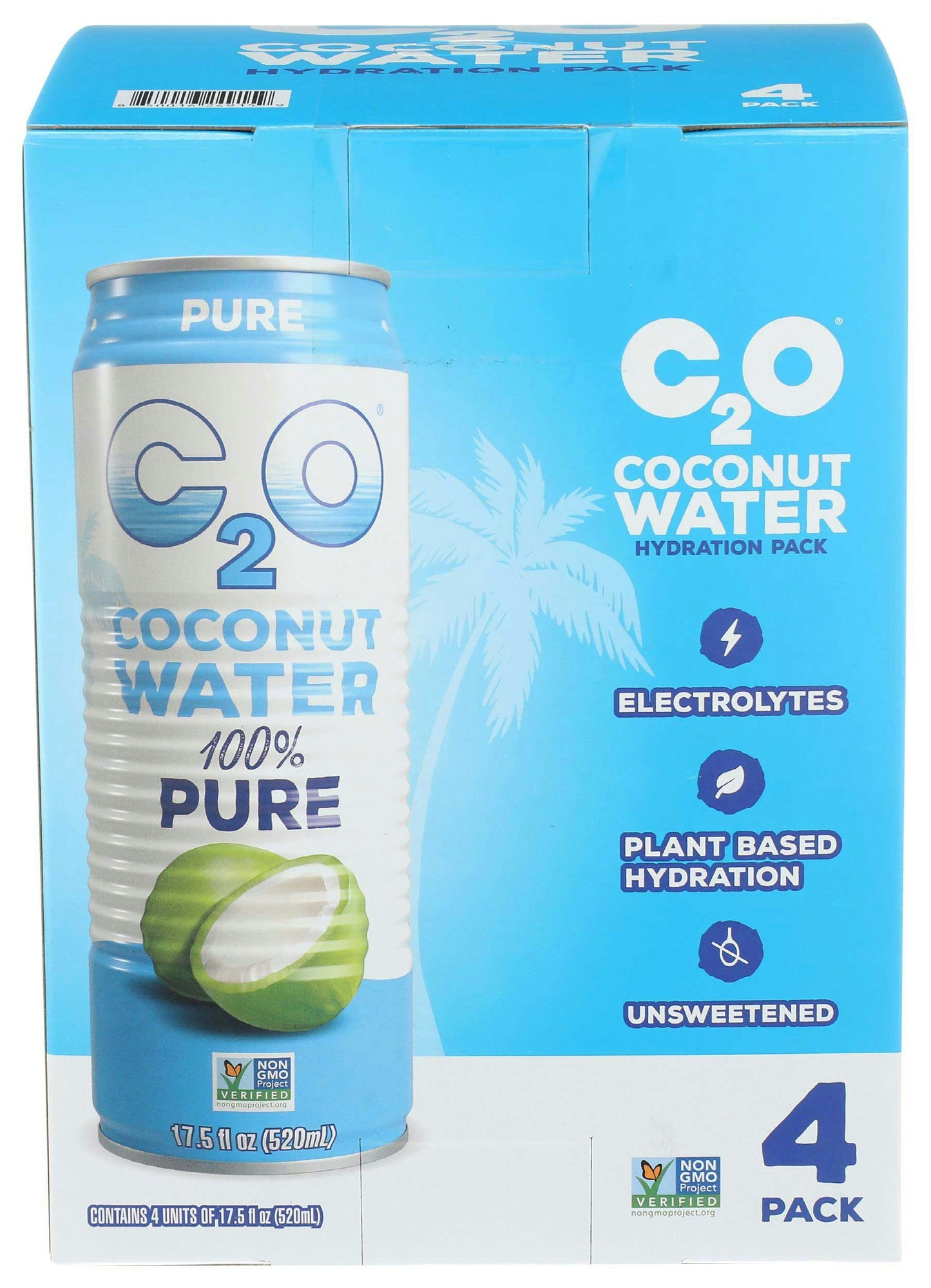 C2O Unsweetened Pure Coconut Water - 17.5 Fluid Ounce - 4 per pack (6 Packs Total)