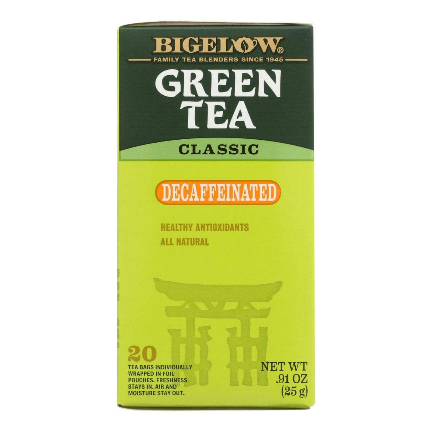 Bigelow Green Tea Bags Classic Decaffeinated 20 Count - 0.91 oz (Pack of 6)