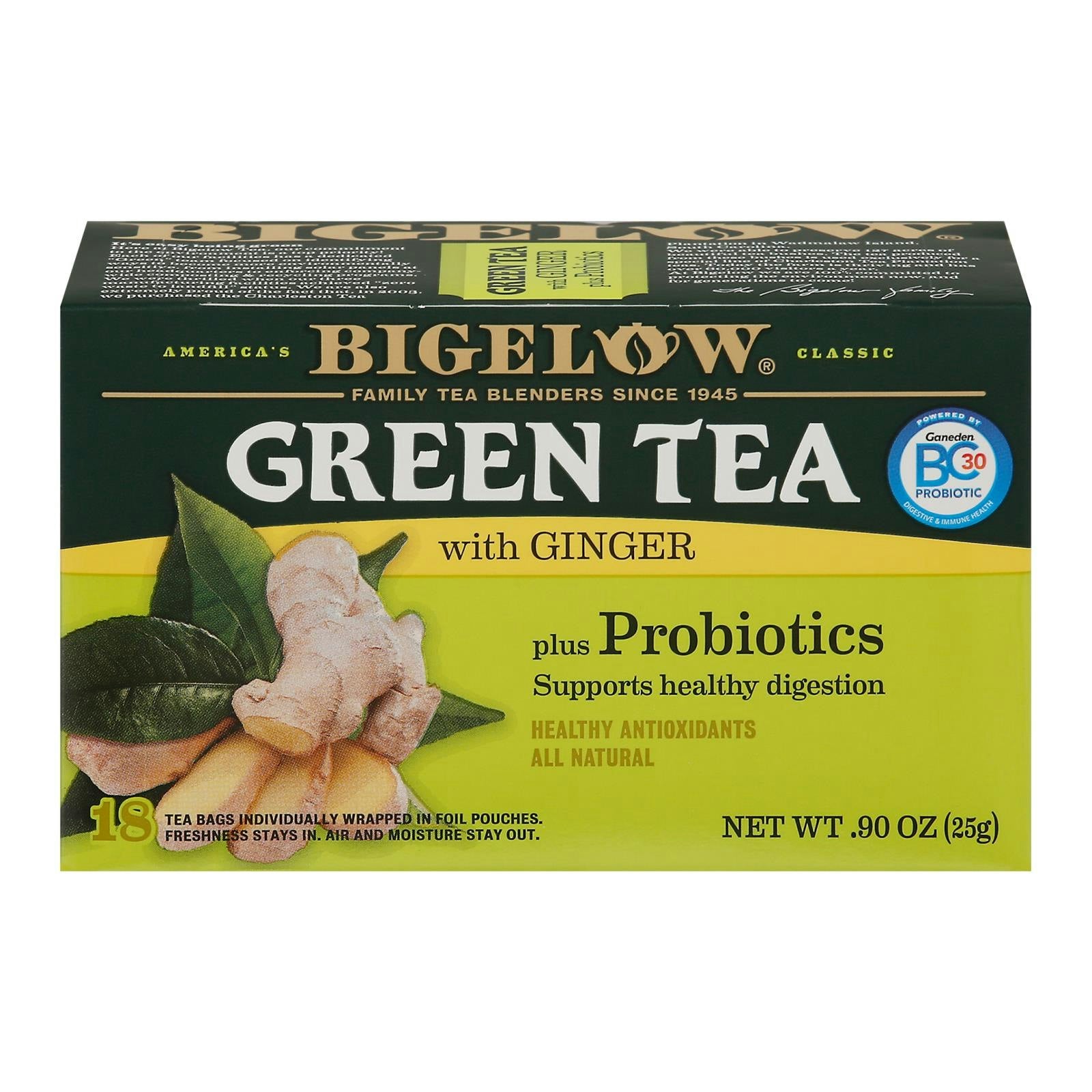 Bigelow Tea Bags Green With Ginger Plus Probiotics 18 Count - 0.90 oz (Pack of 6)