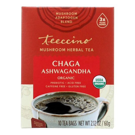 Teeccino - Mushroom Tea Chaga Ashwagandha 10 Bags (Pack of 6)